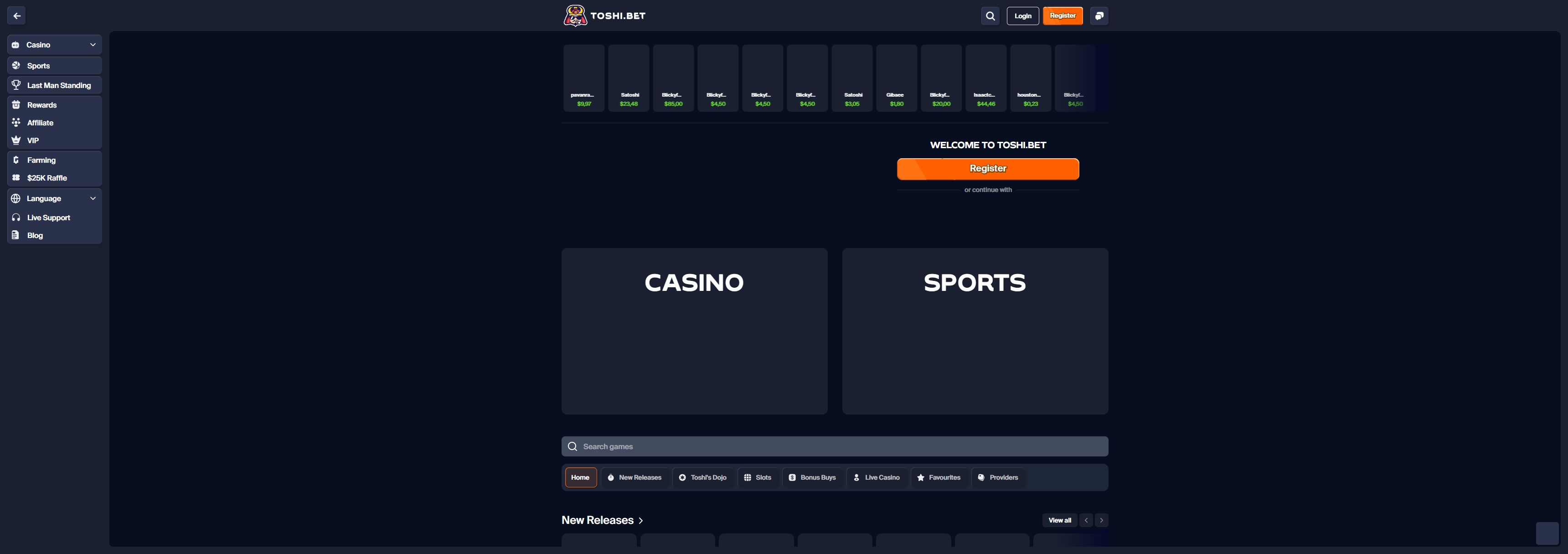 Toshibet casino homepage screenshot showing the main game lobby and top navigation (toshibet casino review)