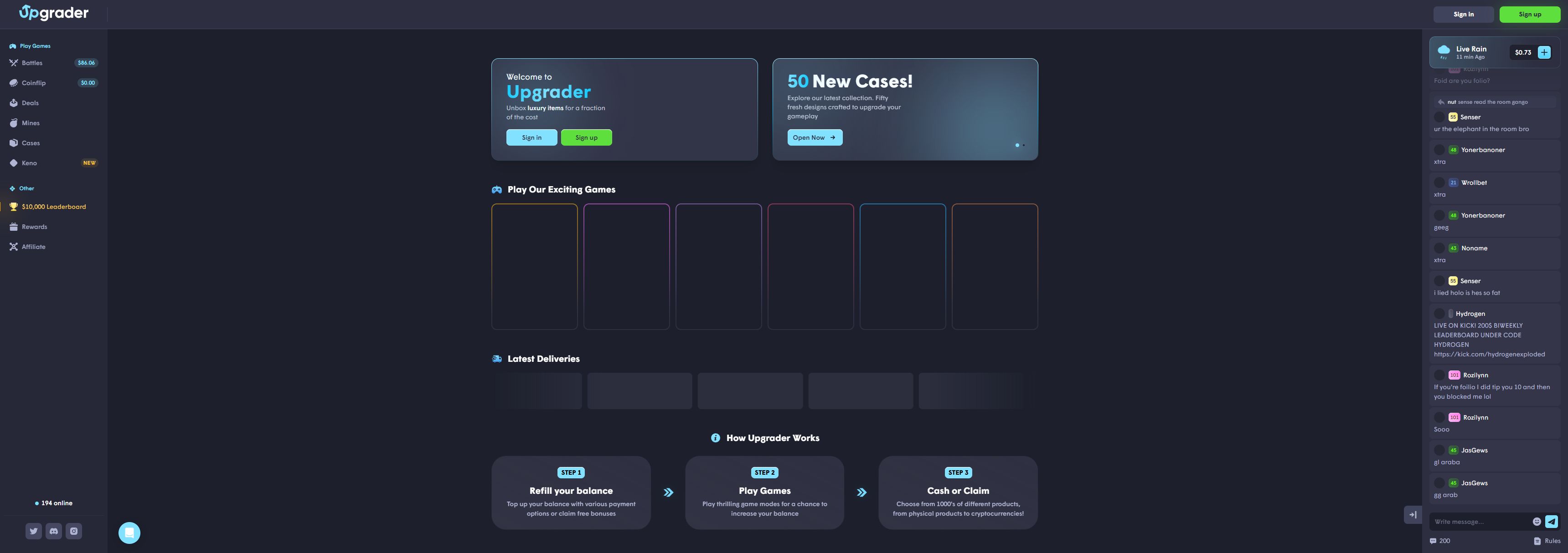 Upgrader casino homepage screenshot showing the main game lobby and top navigation (upgrader casino review)
