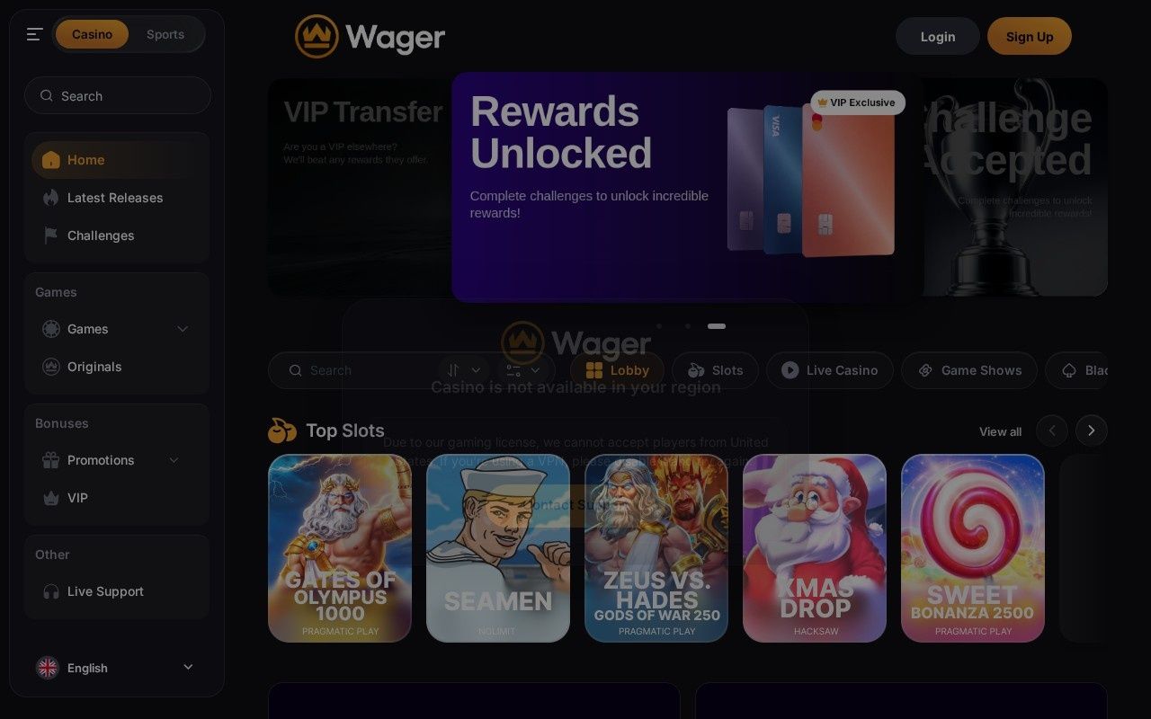 Wager casino homepage screenshot showing the main game lobby and top navigation (wager casino review)