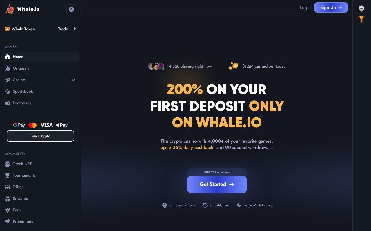 Whale.io casino homepage screenshot showing the main game lobby and top navigation (whale.io casino review)