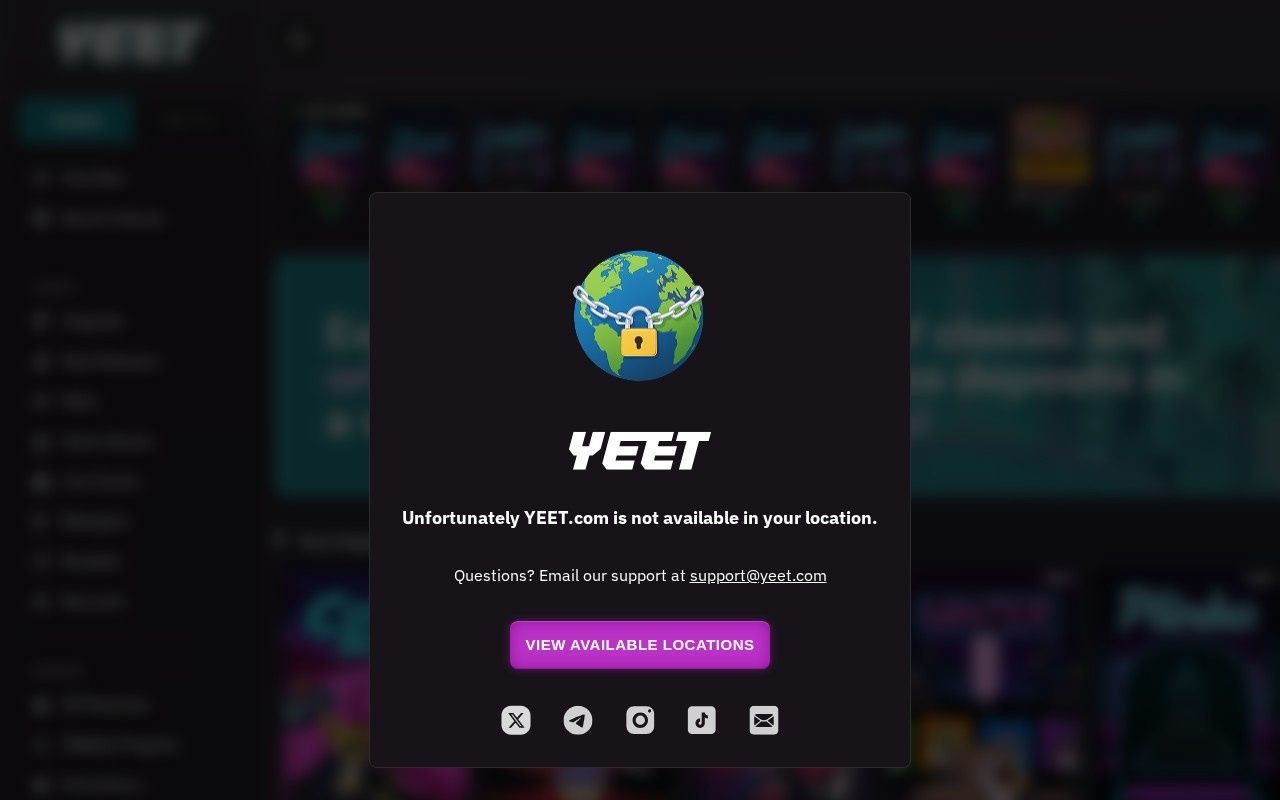Yeet casino homepage screenshot showing the main game lobby and top navigation (yeet casino review)
